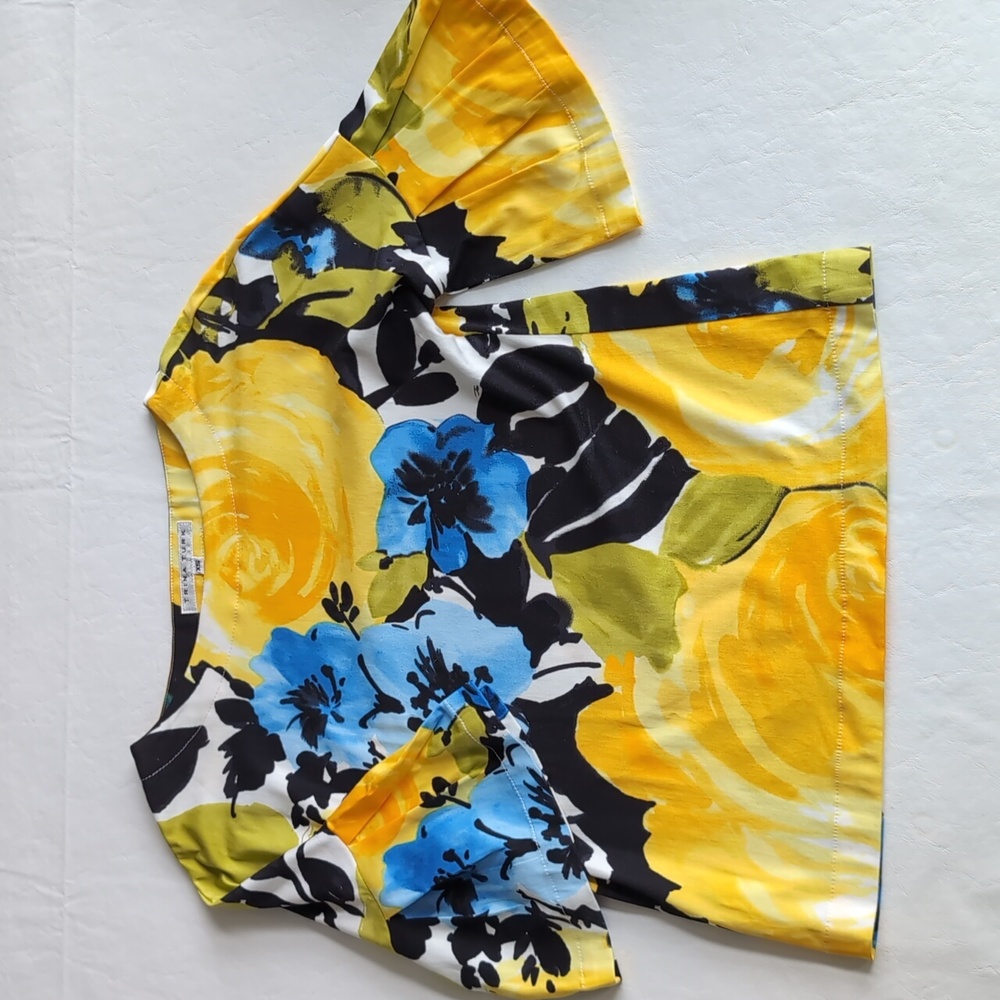 Trina Turk Bright Floral Print Yellow Pleated Bell Sleeve Top Women's Size XS
